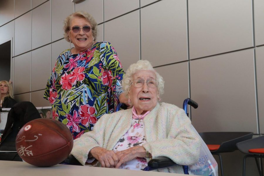 Bonner Springs resident Melba Mills, who was featured recently in an NFL promotional video, was invited to the BSHS B-TEC on Nov. 19, to share her story with students.