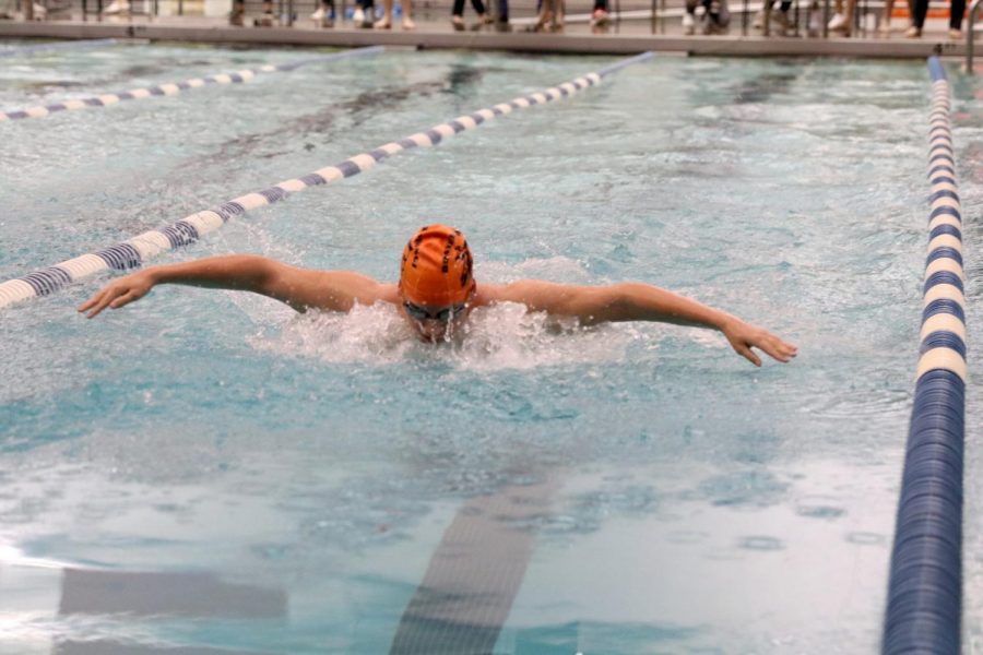 Senior Mykael White swims the butterfly at the WYCO championship meet.