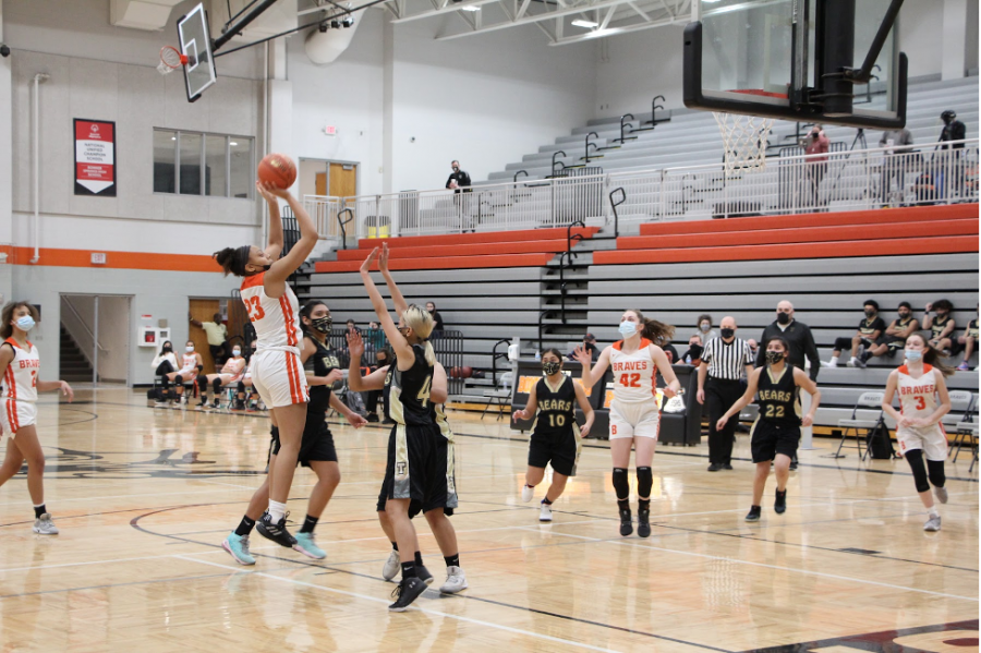 Sophomore Mariyah Noel goes up strong to the basket giving the braves two points. 