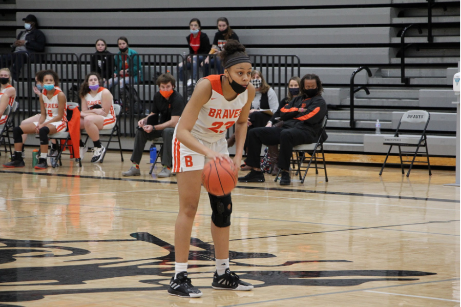 Sophomore Mariyah Noel waits for the play to be put into action before making her next move.