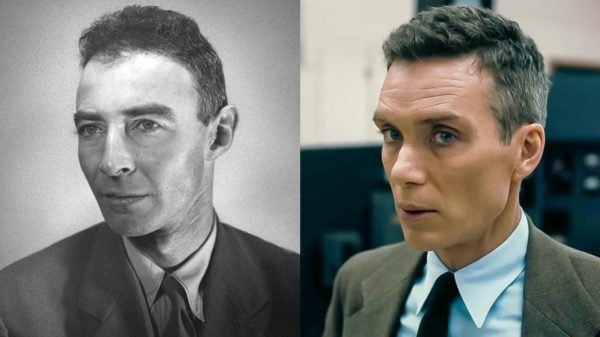 J. Robert Oppenheimer (left) Cillian Murphy as Oppenheimer (right)
Credited Atomic Archive and Universal Pictures, respectively