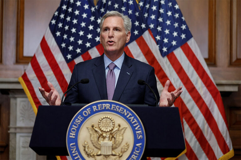 Former House Speaker Kevin McCarthy, R-Calif., speaks to reporters after he was ousted from the position of speaker by a 216-to-210 vote in the House of Representatives at the U.S. Capitol in Washington Oct. 3, 2023. (OSV News photo/Jonathan Ernst, Reuters)