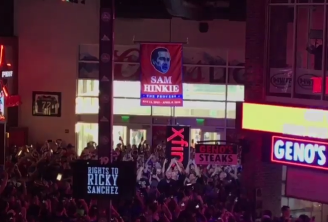 (Photo: @JakePavorsky on Twitter) Pictured: The banner raising of former 76ers GM Sam Hinkie at a Philadelphian bar.